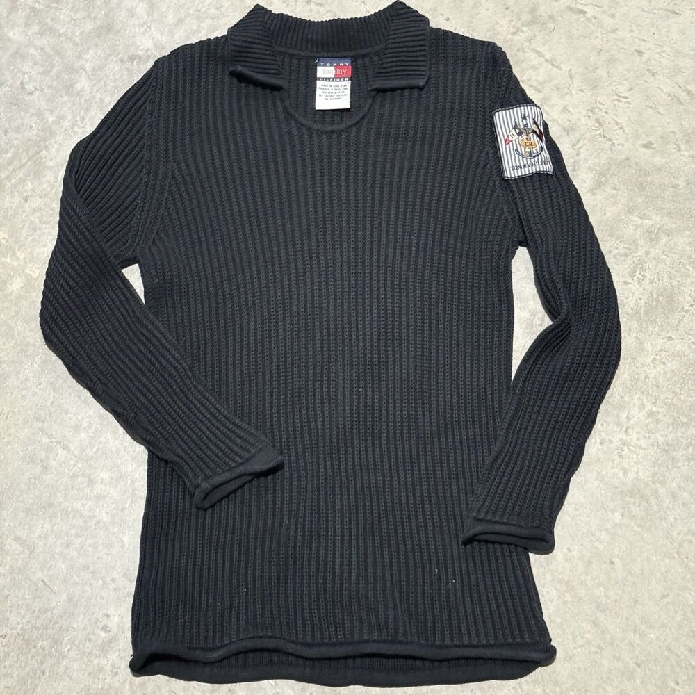 Vintage Tommy Hilfiger Sweater Women Large Navy Blue Ribbed Nautical 90s Y2K